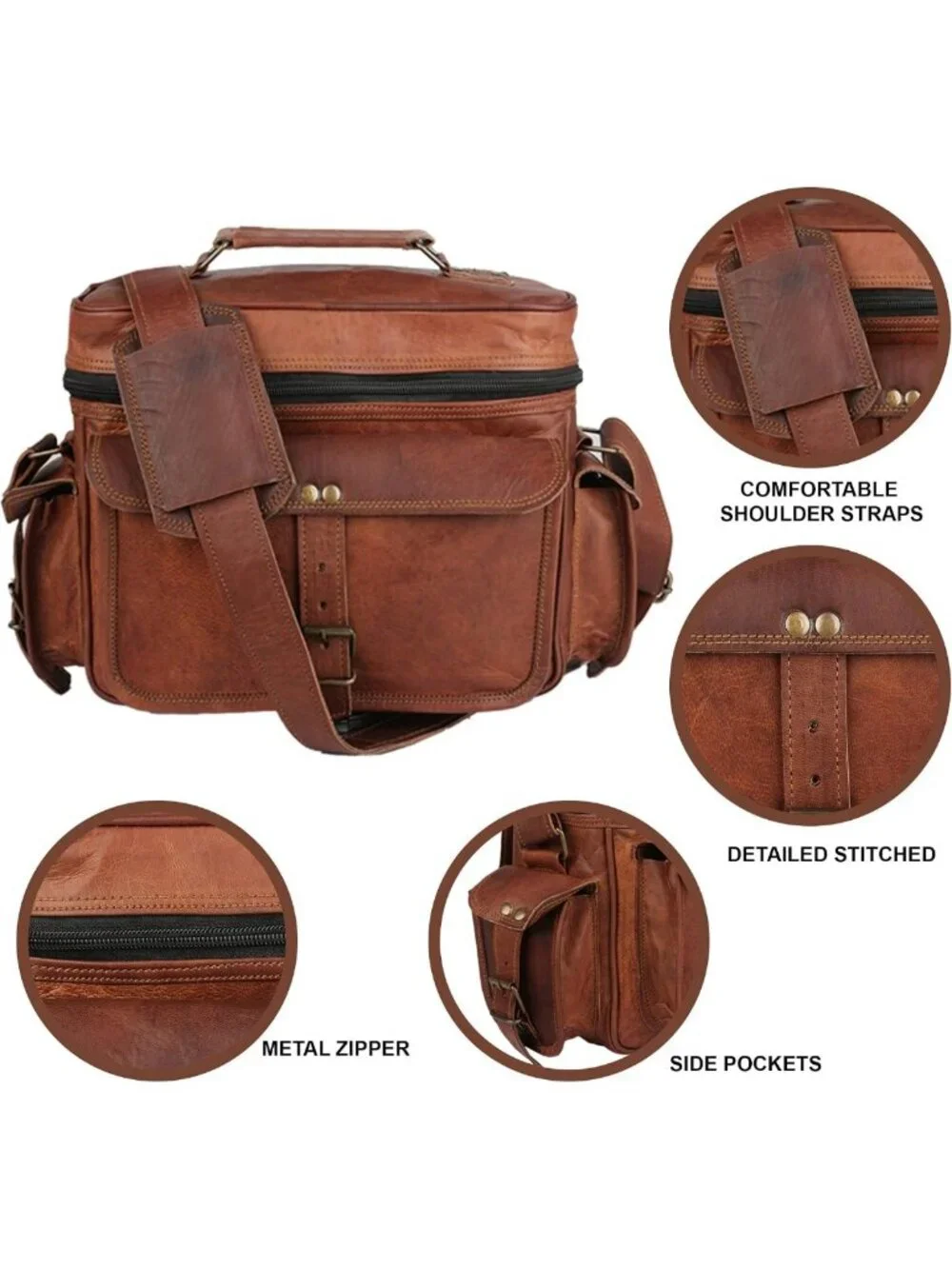 Vintage Leather Messenger Bag - DSLR Shoulder Satchel for Travel & Photography